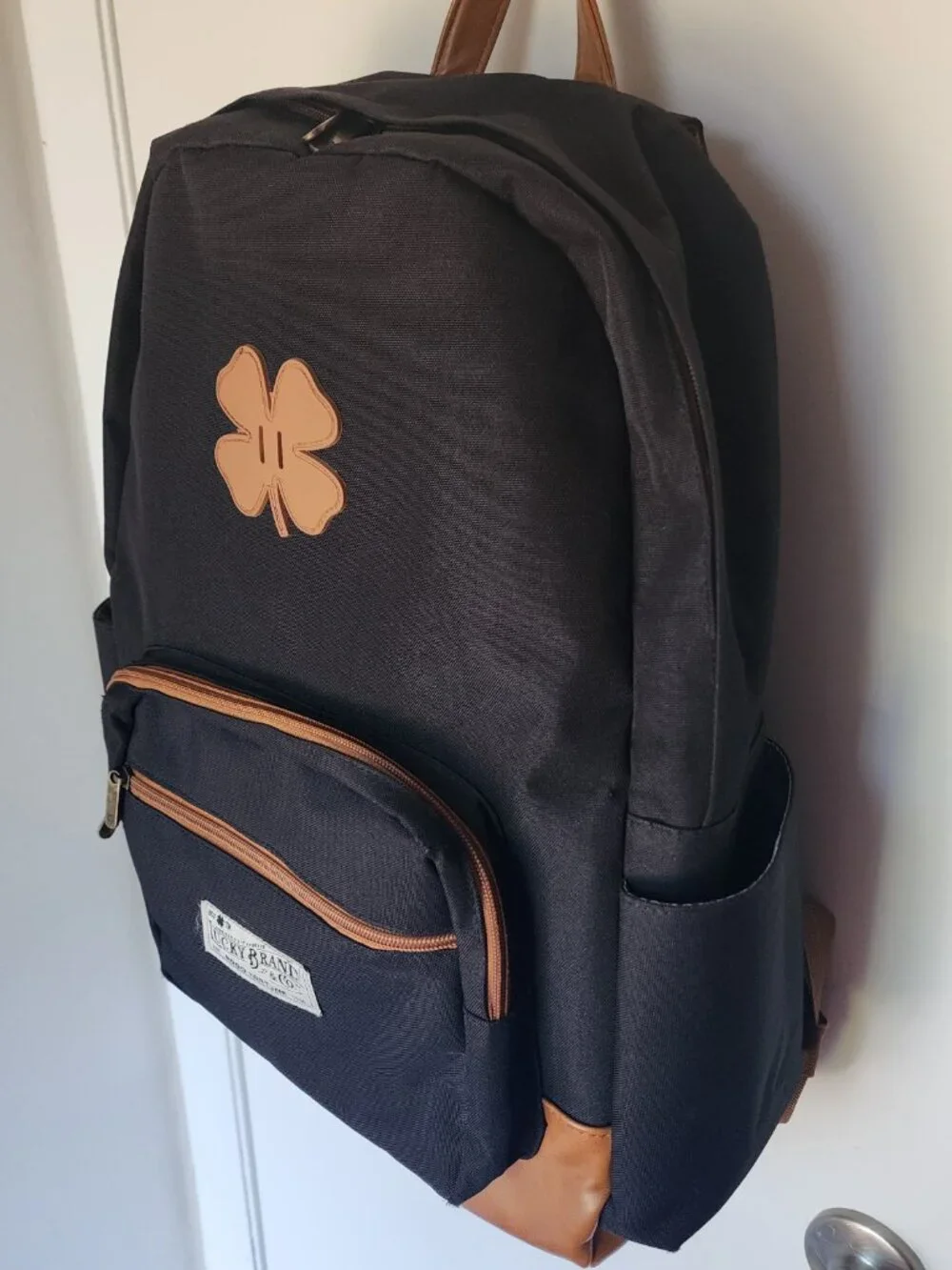 Black Backpack Lucky Brand Pockets Compartments Zipper Shamrock Bottle Holders